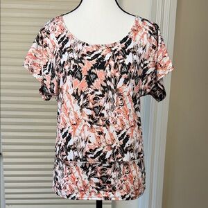 Only 9 Top Size S Sequins Abstract Print Flowy Black White Coral Peach Office